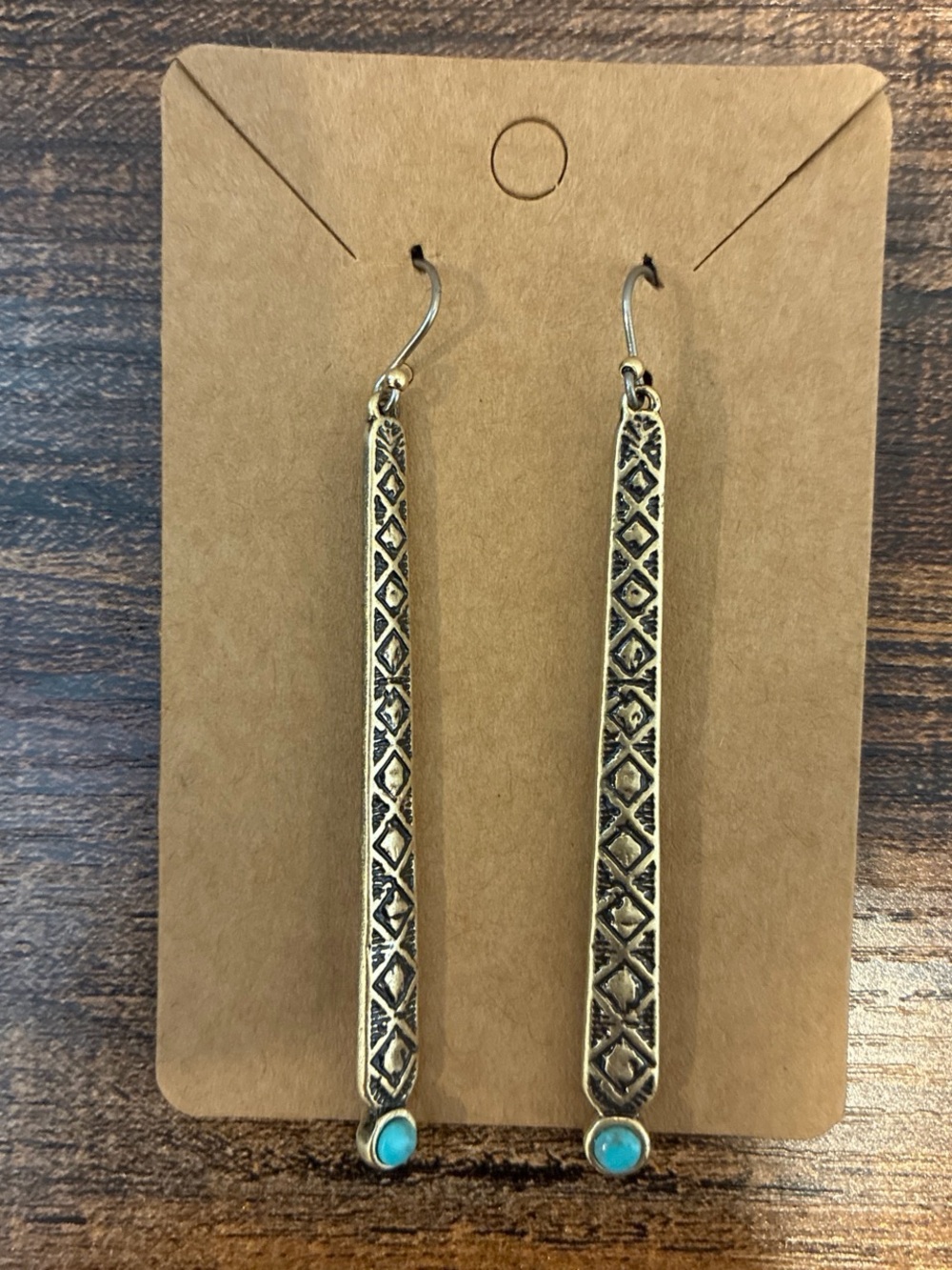 Antique Gold Long Bar Dangle Earrings with Turquoise Accent